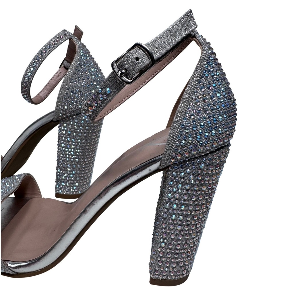 Sparkling Rhinestone Block Heels Silver Ankle Strap Square Toe Sandals 7 Prom - Picture 9 of 14